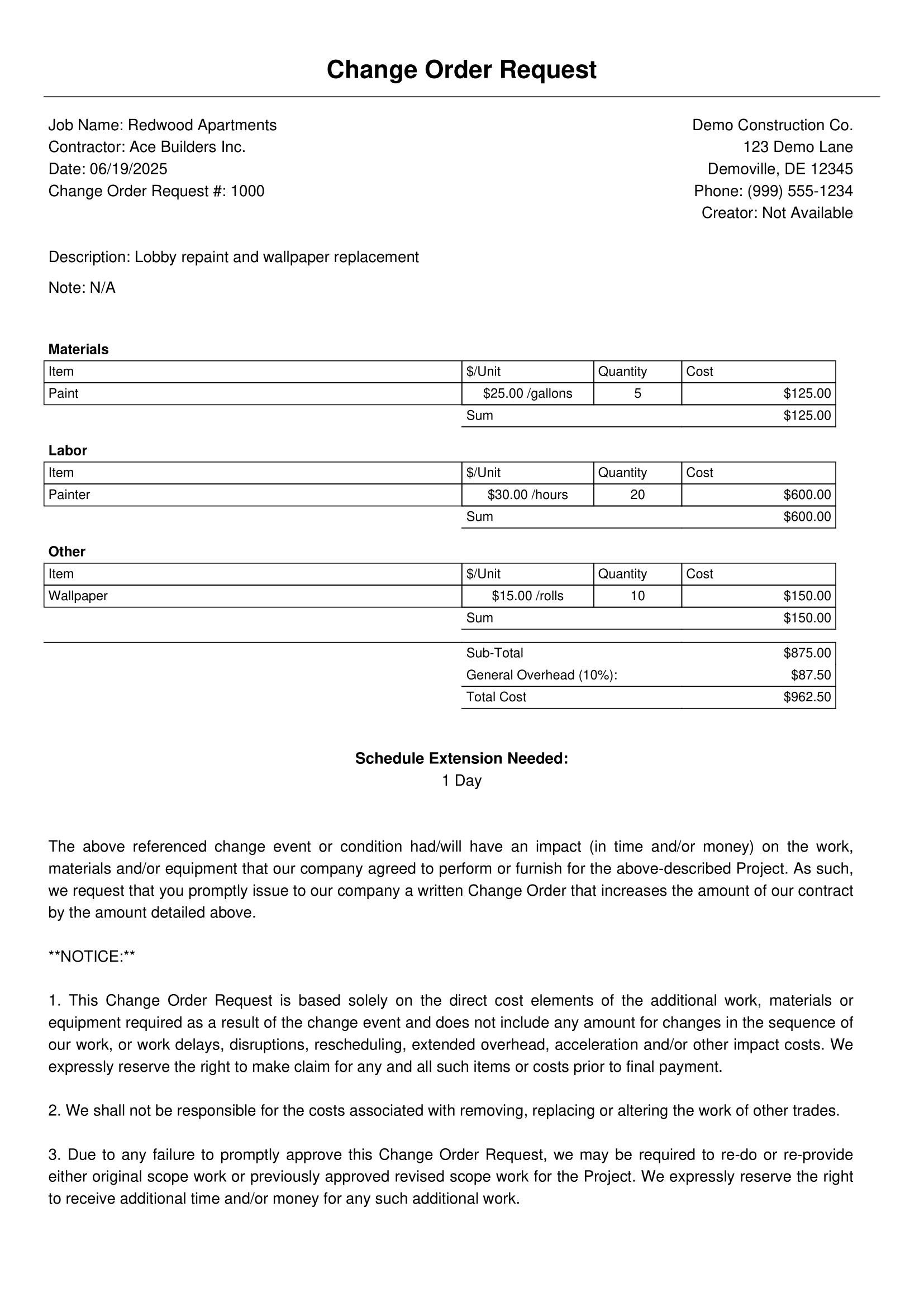 Screenshot from a ProBlu change order PDF