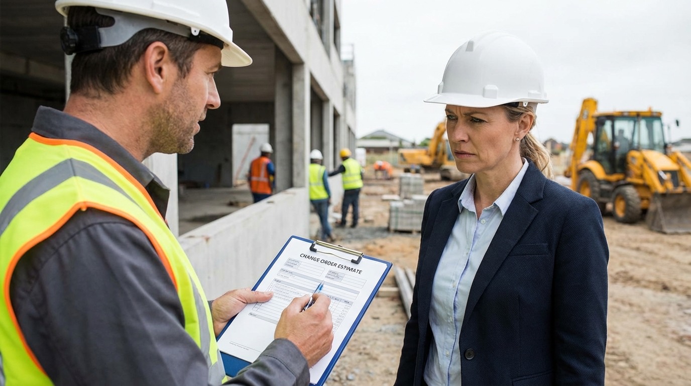 Contractor presenting a change order cost breakdown for approval on site.