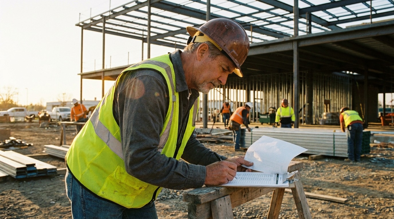 Construction daily report checklist visual with labor, weather, and photo sections.