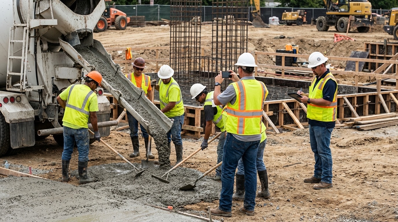 Foreman capturing progress evidence on an active construction site for daily reporting.
