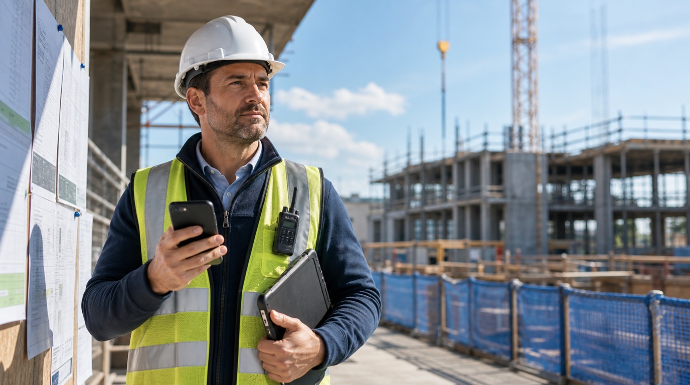 Construction superintendent comparing text, app, and voice workflows for daily log reporting.