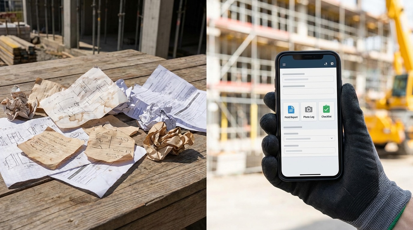 SMS-first workflow showing a foreman sending an update from the field.