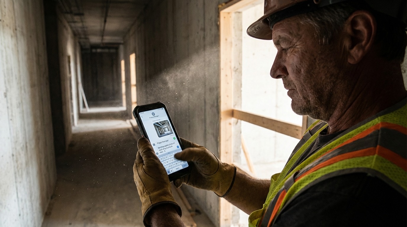 Foreman sending a quick daily log update by text from a construction corridor.